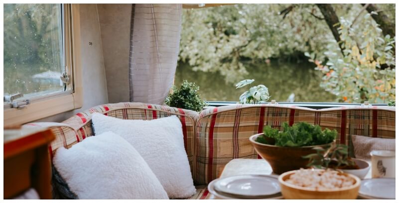 Interior of a motor home. Pitches for rent, at the Parc du Charouzech campsite in Aveyron