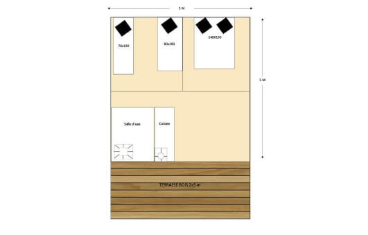 Plan of the huts, for rent at the Parc du Charouzech campsite