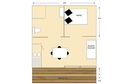 Plattegrond van de PBM chalet, te huur op camping Parc du Charouzech in Aveyron