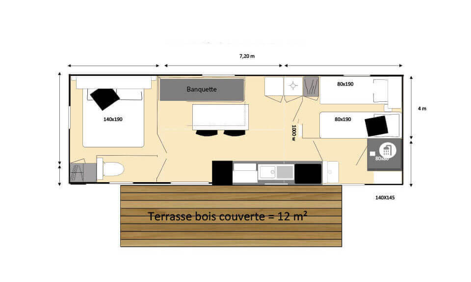 Plattegrond van de stacaravan Les Bleuets 4 bedden