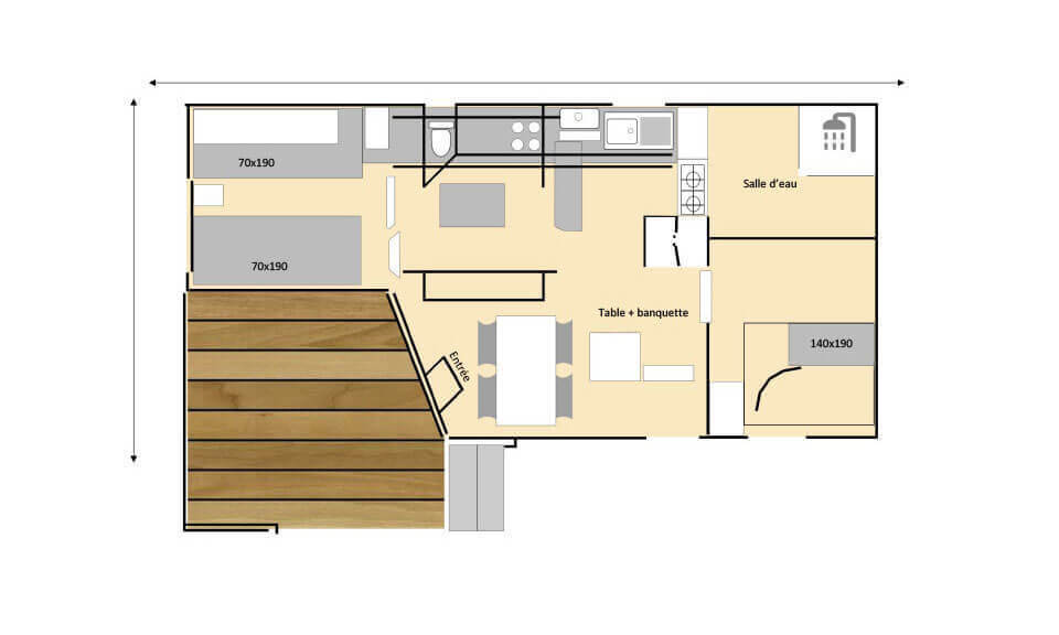 Plan of the mobile home Les Bleuets, 4 people, for rent in Salles-Curan