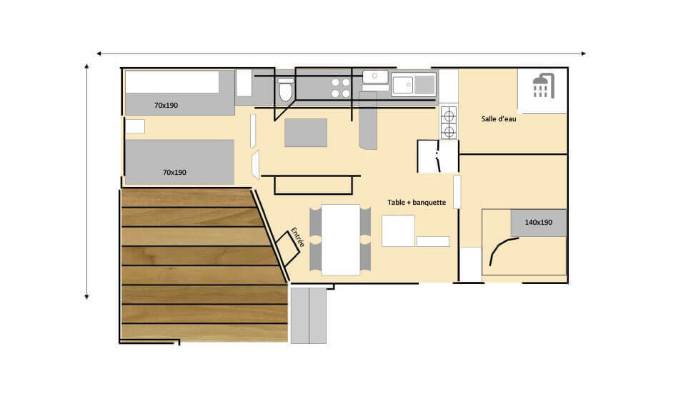 Plattegrond van de stacaravan Les Bleuets 4 bedden, te huur in Salles Curan