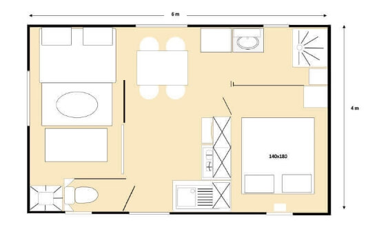 Plan of the mobile home Rêve, for rent at the Parc du Charouzech campsite.